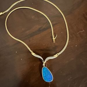 Aqua opal and diamond necklace. 14k gold. Originally from Fortunoff’s.